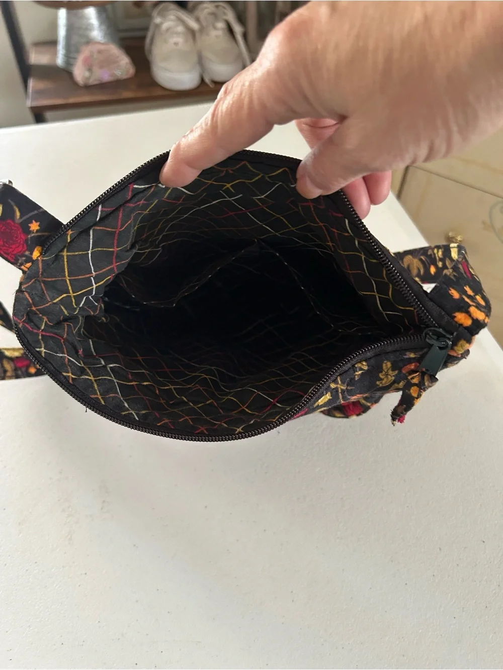 Black Quilted Crossbody with Gold, Red & Orange Floral Embroidery